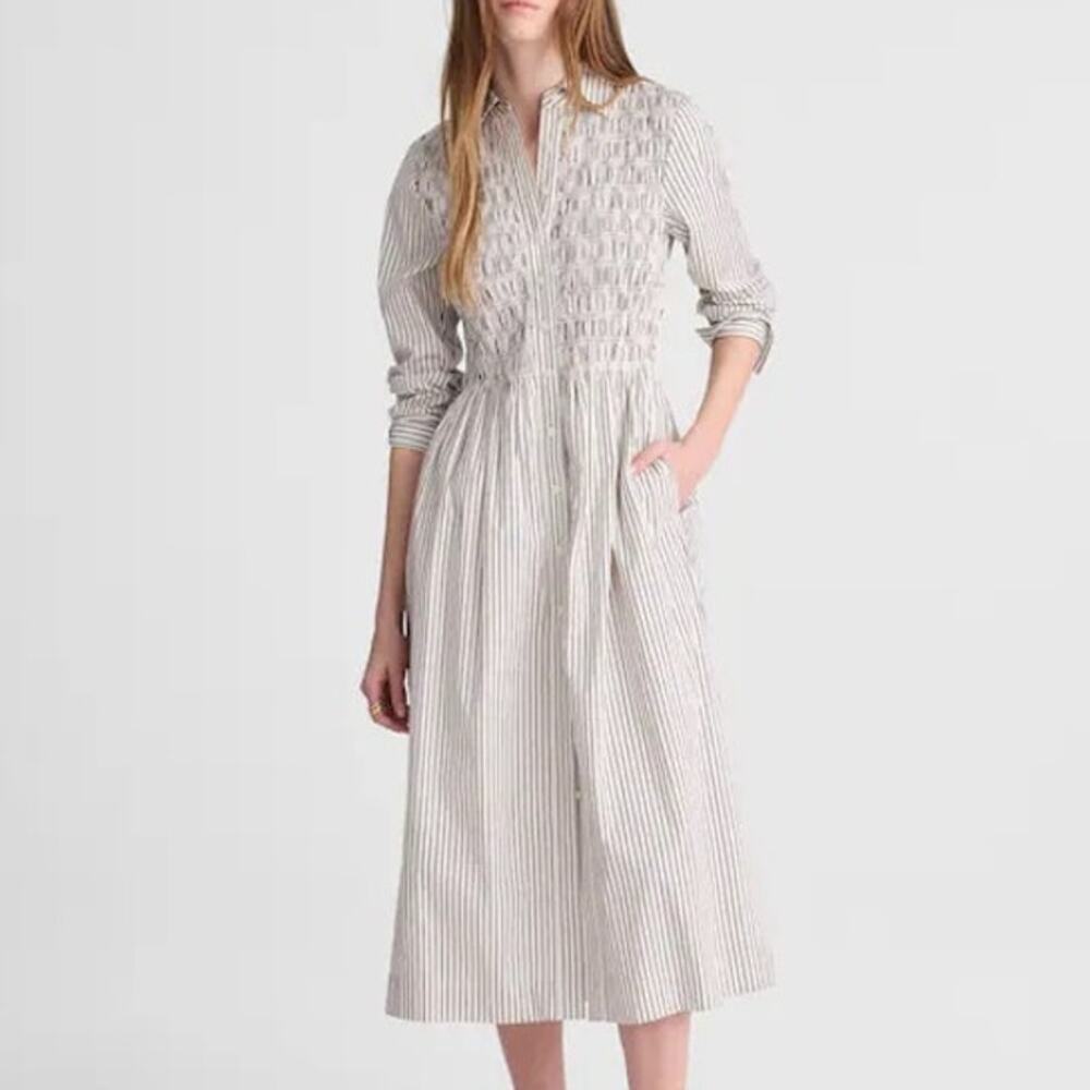 Madewell Smocked Midi Shirtdress Cotton Poplin White Black Stripe Size XS NWT